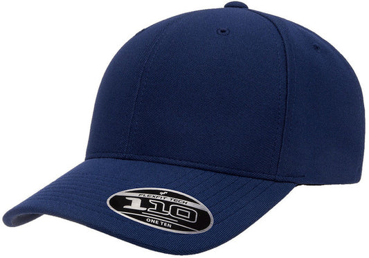 A navy blue baseball cap with a curved brim, featuring a black and silver oval patch on the brim that reads '110 ONE TEN'.