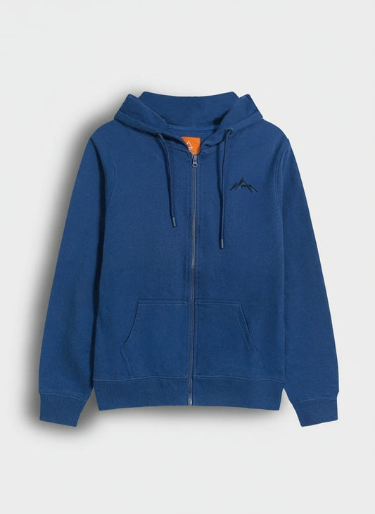 Blue hoodie with a zipper on a light gray background