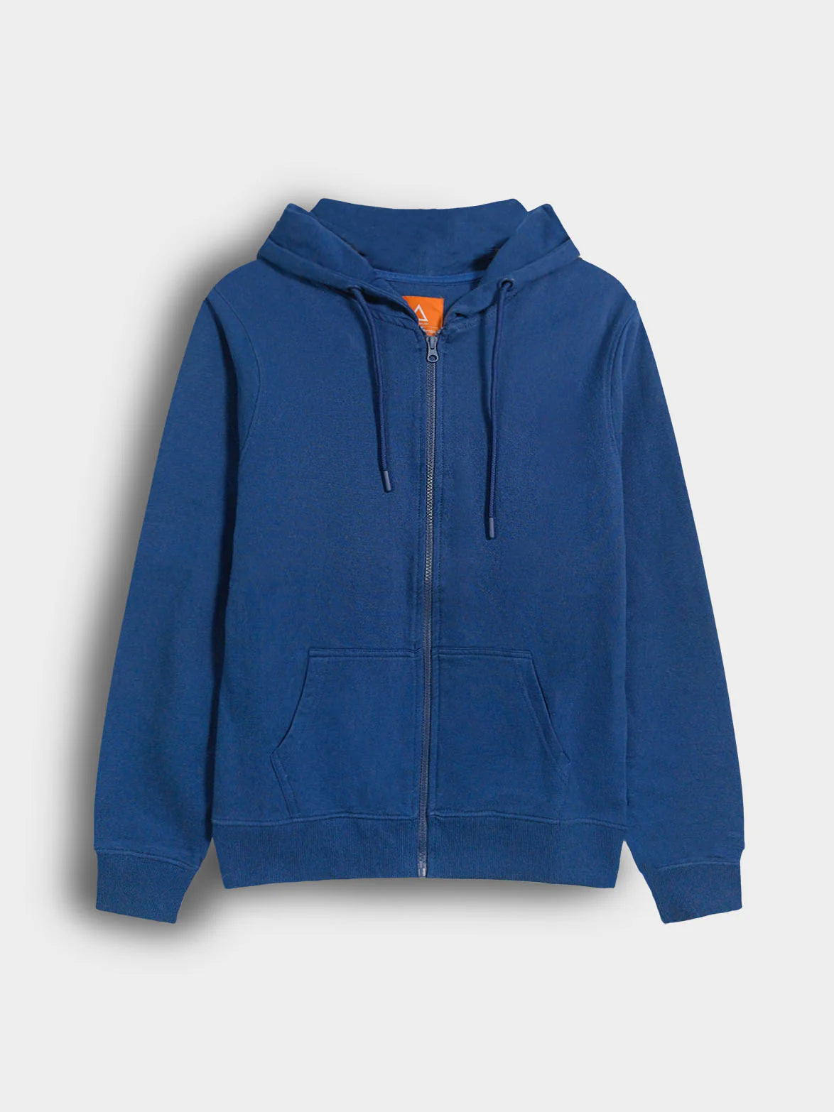 Blue hoodie with a zipper on a light gray background