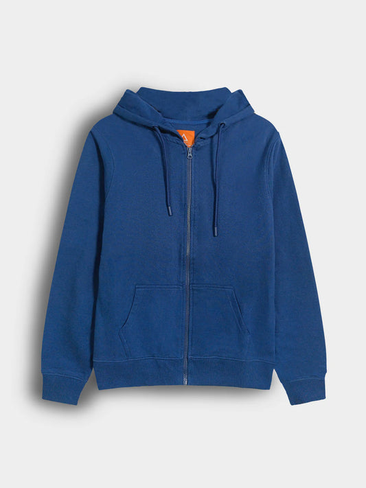 Blue hoodie with a zipper on a light gray background