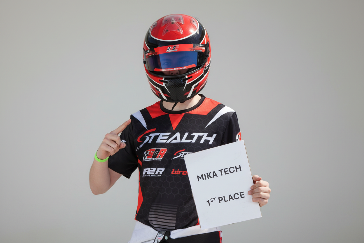 Person in racing gear holding a '1st Place' sign with a vehicle and track in the background