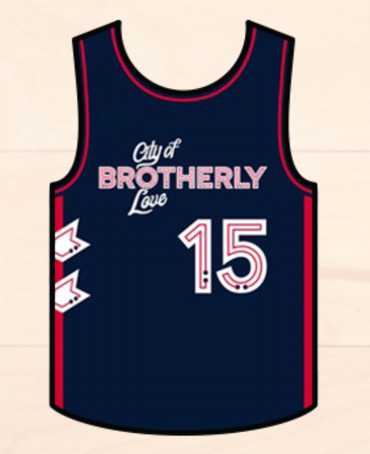 Navy blue basketball jersey with 'City of Brotherly Love' and number '15' on a beige background