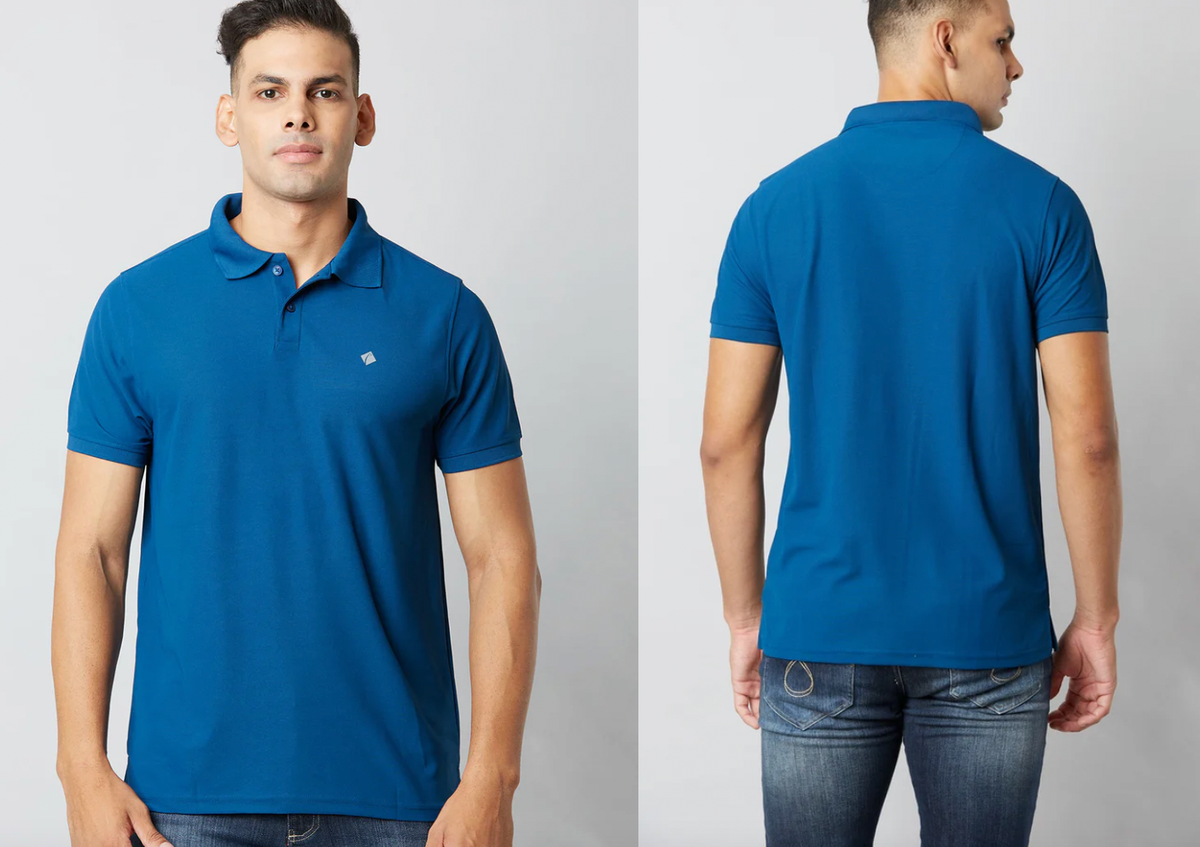Blue polo shirt worn by a person, shown from front and back on a gray background