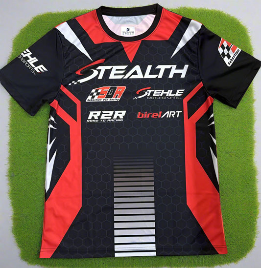 red, black, and white short-sleeved sports jersey