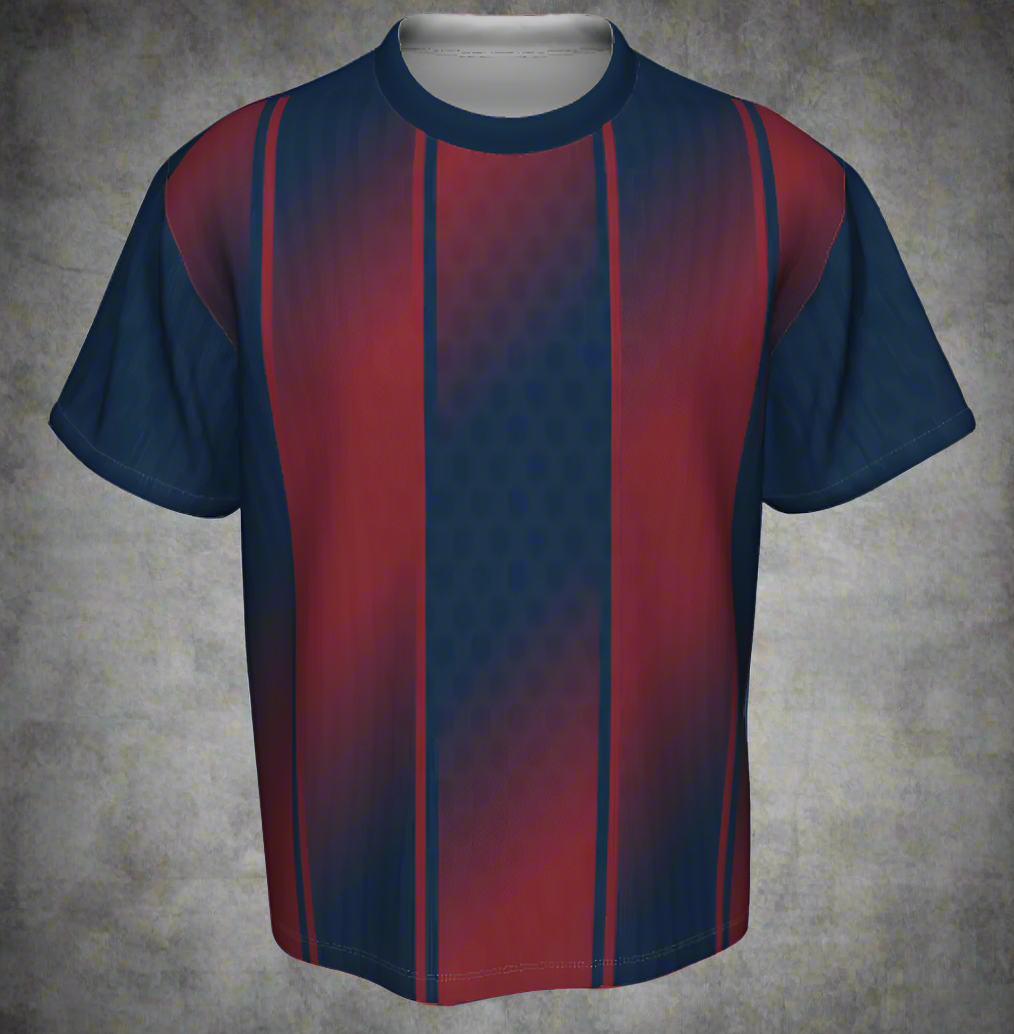 T-shirt with blue and red gradient design on a white background