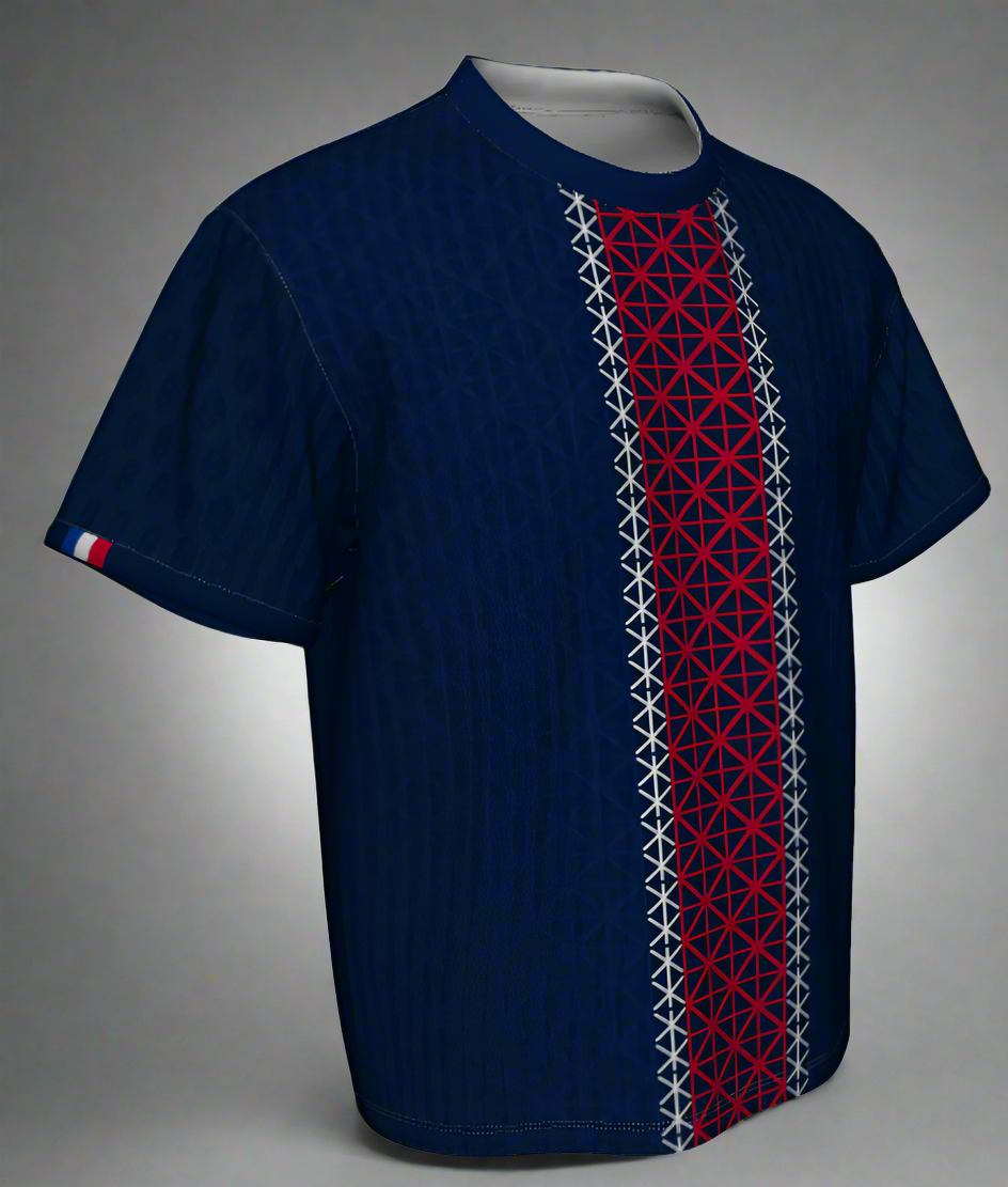 Navy blue t-shirt with red and white geometric pattern on a white background