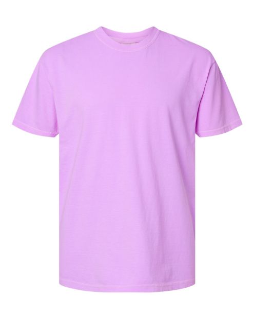 short-sleeved, crew-neck t-shirt in a light purple or lavender color