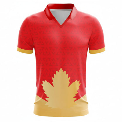 Red shirt with a yellow maple leaf design on a white background