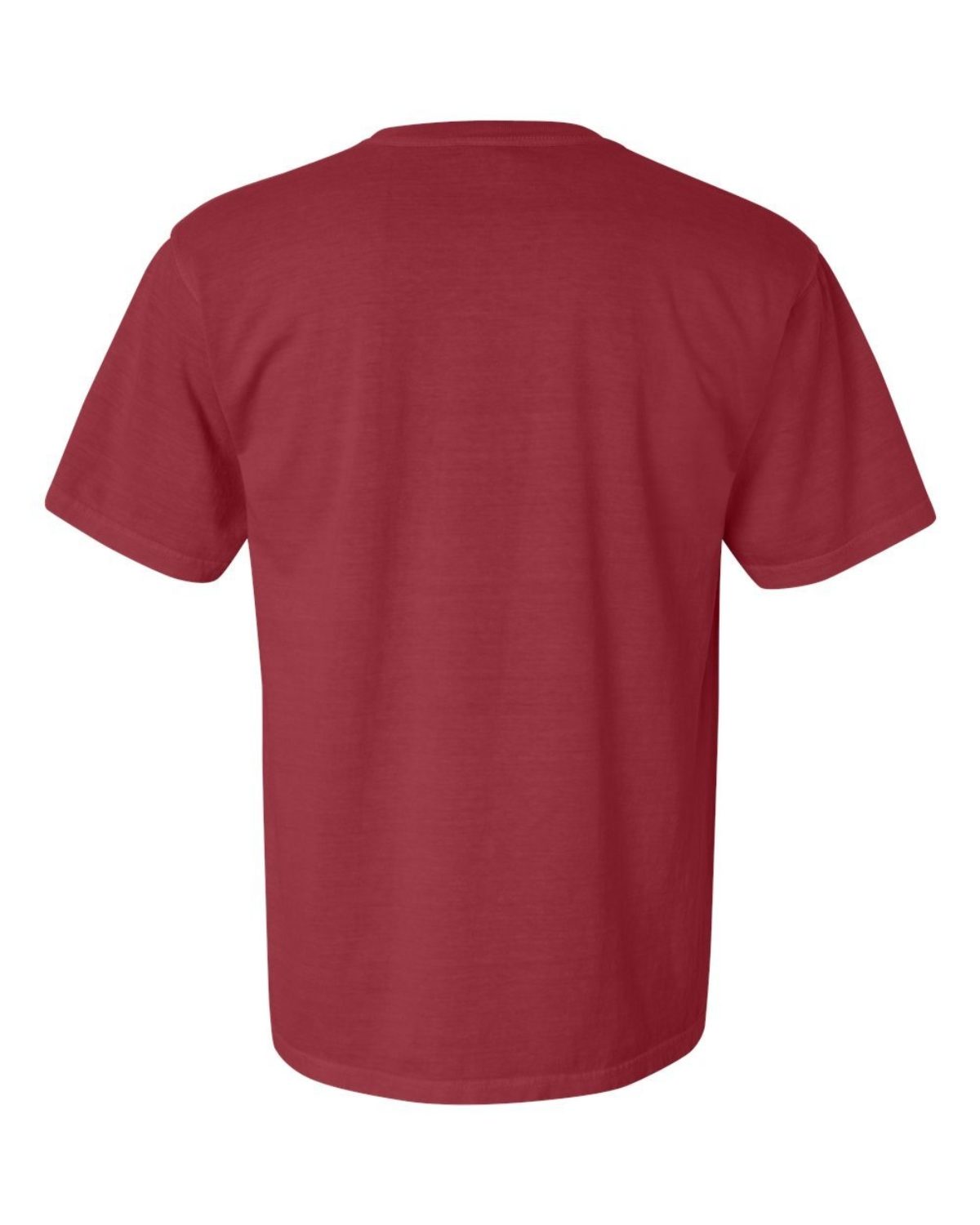 displays the back of a plain, short-sleeved, crew-neck t-shirt