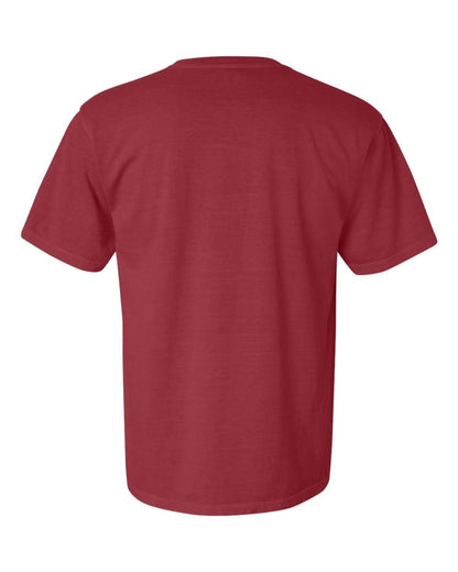 displays the back of a plain, short-sleeved, crew-neck t-shirt
