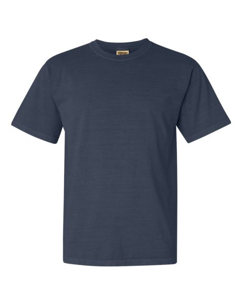 short-sleeve t-shirt in a washed denim or dark navy blue color