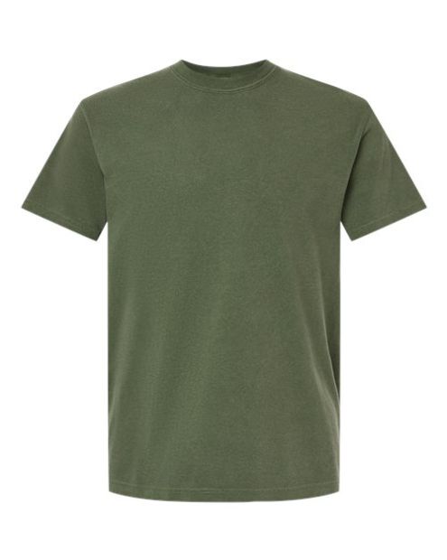 A plain, short-sleeved, military green t-shirt