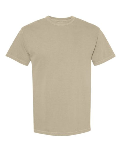 A plain, short-sleeved, crew-neck t-shirt in a light beige