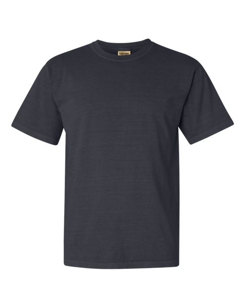 dark gray or graphite-colored, short-sleeved, crew-neck t shirt
