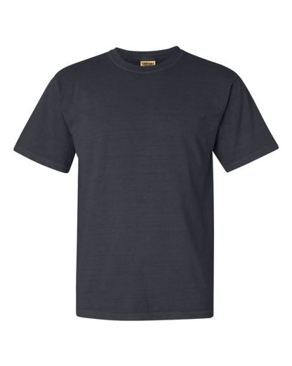 dark gray or graphite-colored, short-sleeved, crew-neck t shirt