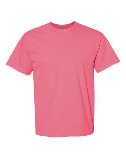 A plain, short-sleeved, crewneck t-shirt in a solid bright pink color