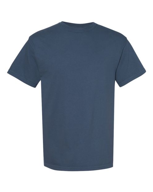 A plain, short-sleeved navy blue t-shirt
