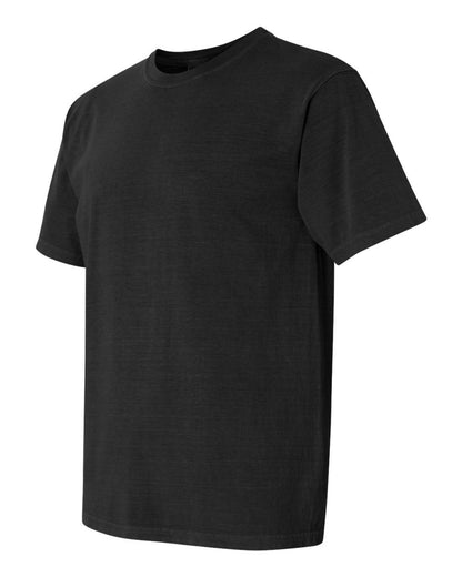 A plain black, short-sleeved, crew-neck t-shirt