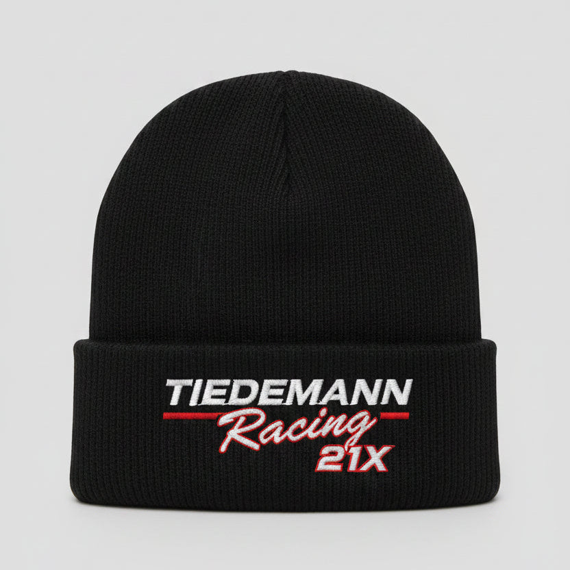 Black beanie with Tiedemann Racing logo on a gray background