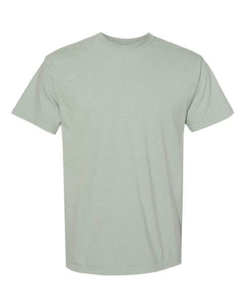 A plain, light green, short-sleeved t-shirt