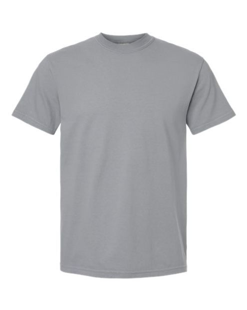 A plain, short-sleeved, crewneck t-shirt in a solid gray color