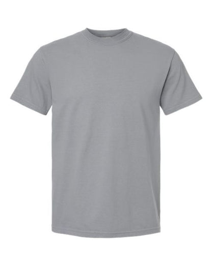 A plain, short-sleeved, crewneck t-shirt in a solid gray color