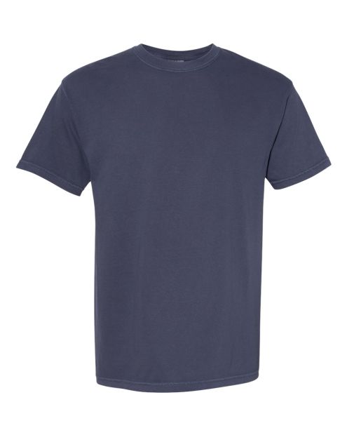 dark blue, short-sleeved, crewneck t-shirt