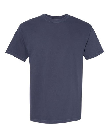 dark blue, short-sleeved, crewneck t-shirt