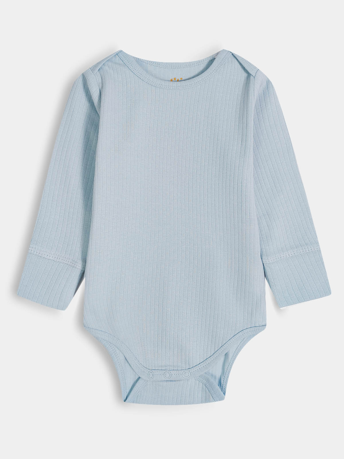 Light blue baby bodysuit with long sleeves on a white background