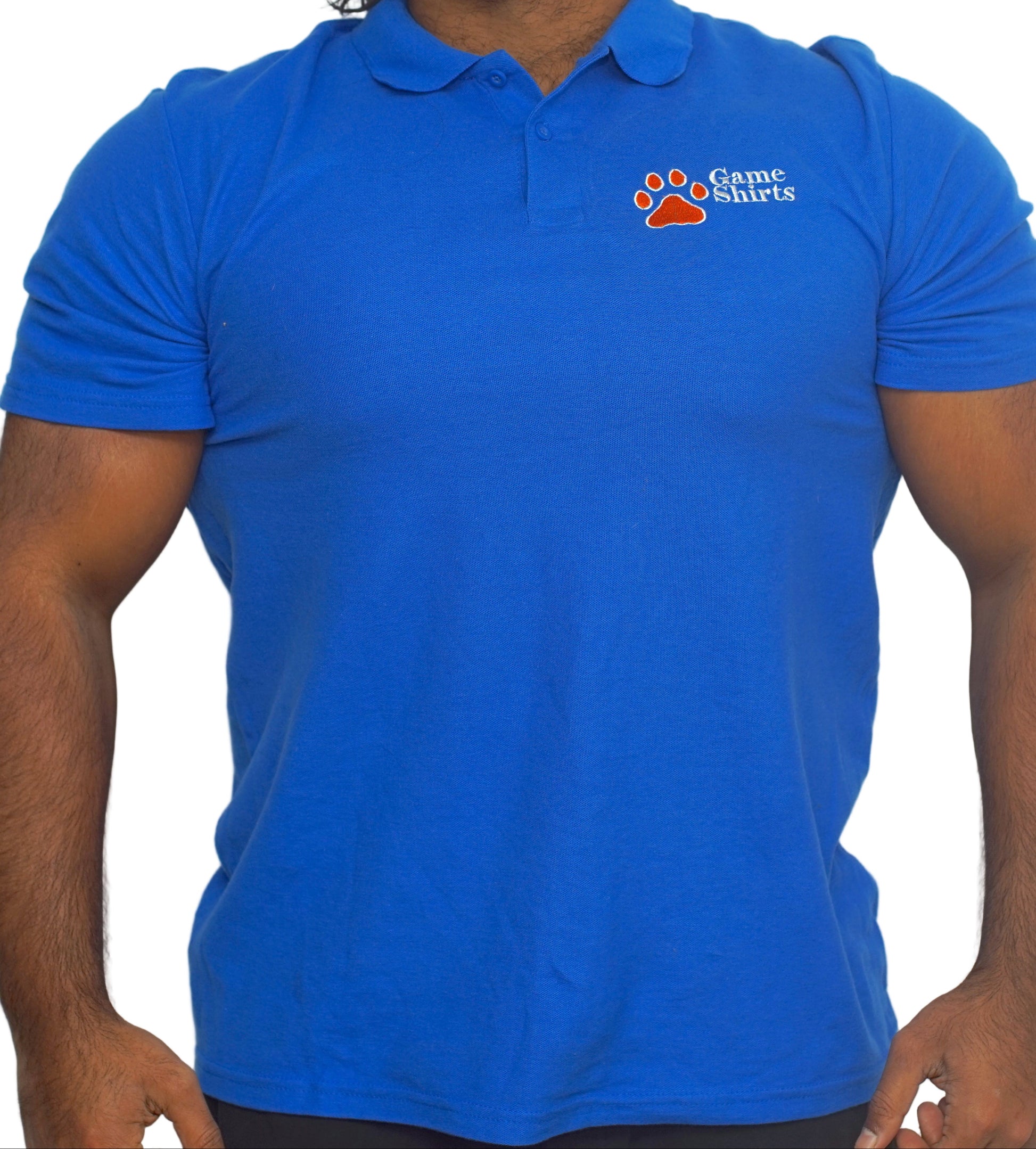 Man wearing a blue polo shirt with a  custom logo embroidery on a white background