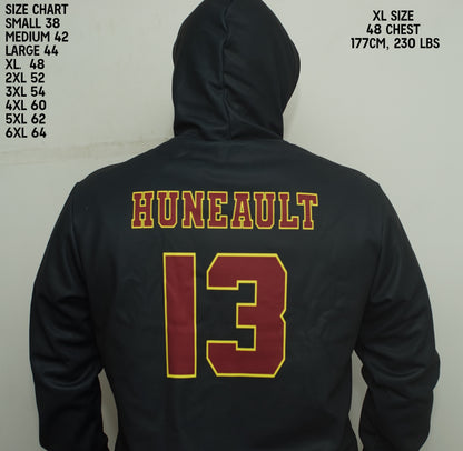 Black hoodie with 'HUNEAULT' and number '13' on the back, size chart on the side. with size chart