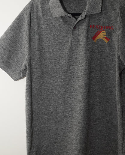 A gray heathered long-sleeve polo shirt with a small embroidered logo on the left chest, hanging on a white wall.