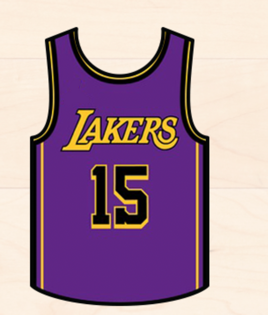 Purple basketball jersey with 'Lakers' and number '15' on a beige background