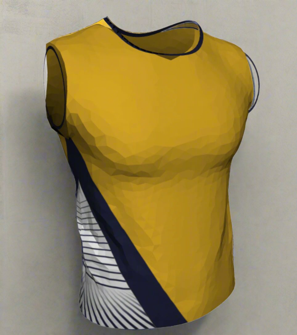 Yellow sleeveless shirt with black and white design on a white background