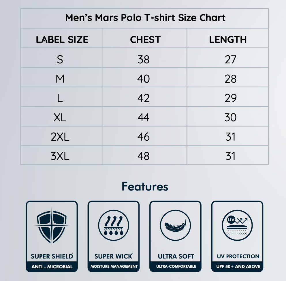 Men's Mars Polo T-shirt size chart with label sizes, chest measurements, and shirt lengths.
