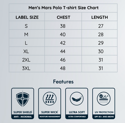 Men's Mars Polo T-shirt size chart with label sizes, chest measurements, and shirt lengths.