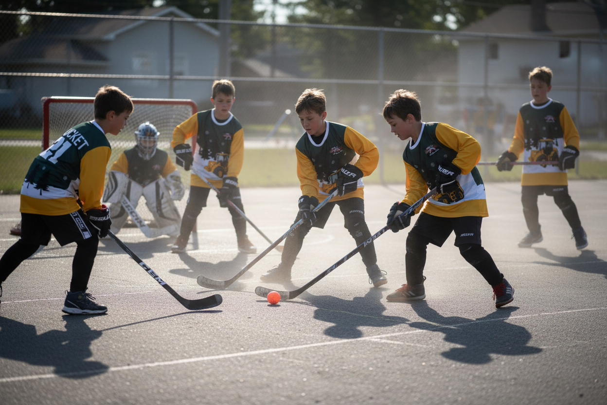 Long-sleeve shirt with a tractor design and text on a wooden surface, with packaging in the background.