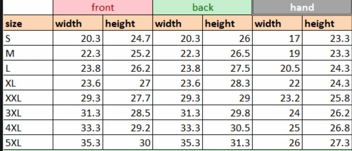 Table showing dimensions for front, back, and hand measurements across different size categories.