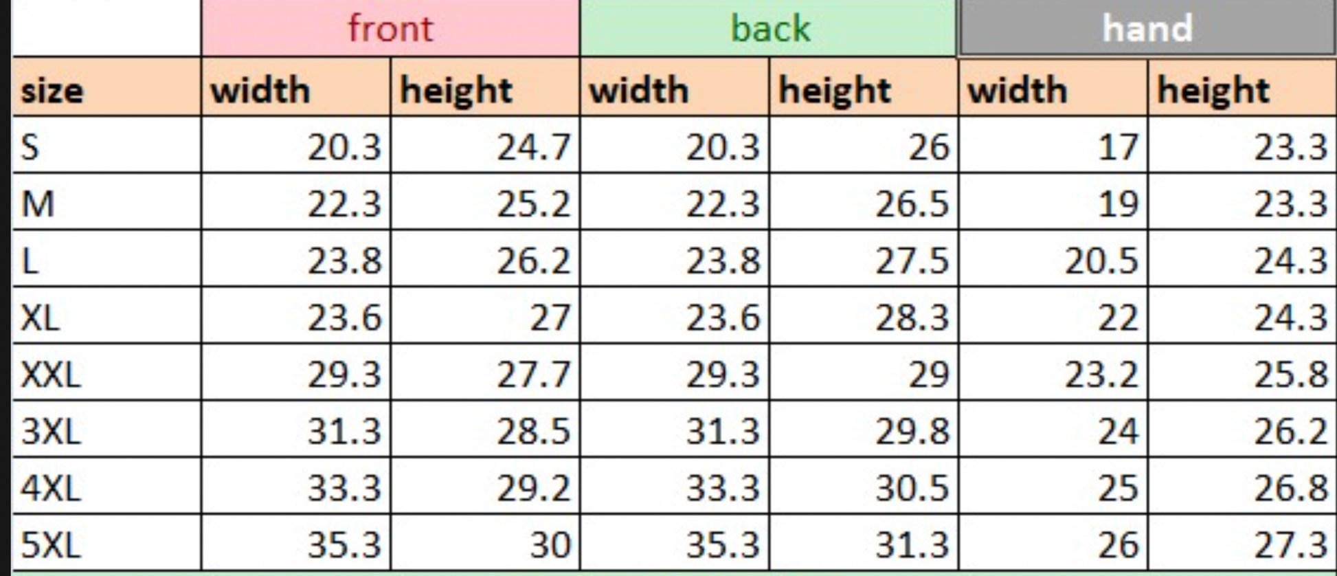 Table showing dimensions for front, back, and hand measurements across different size categories.