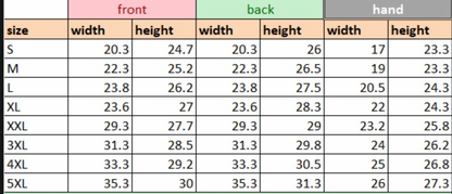 Table showing dimensions for front, back, and hand measurements across different size categories.