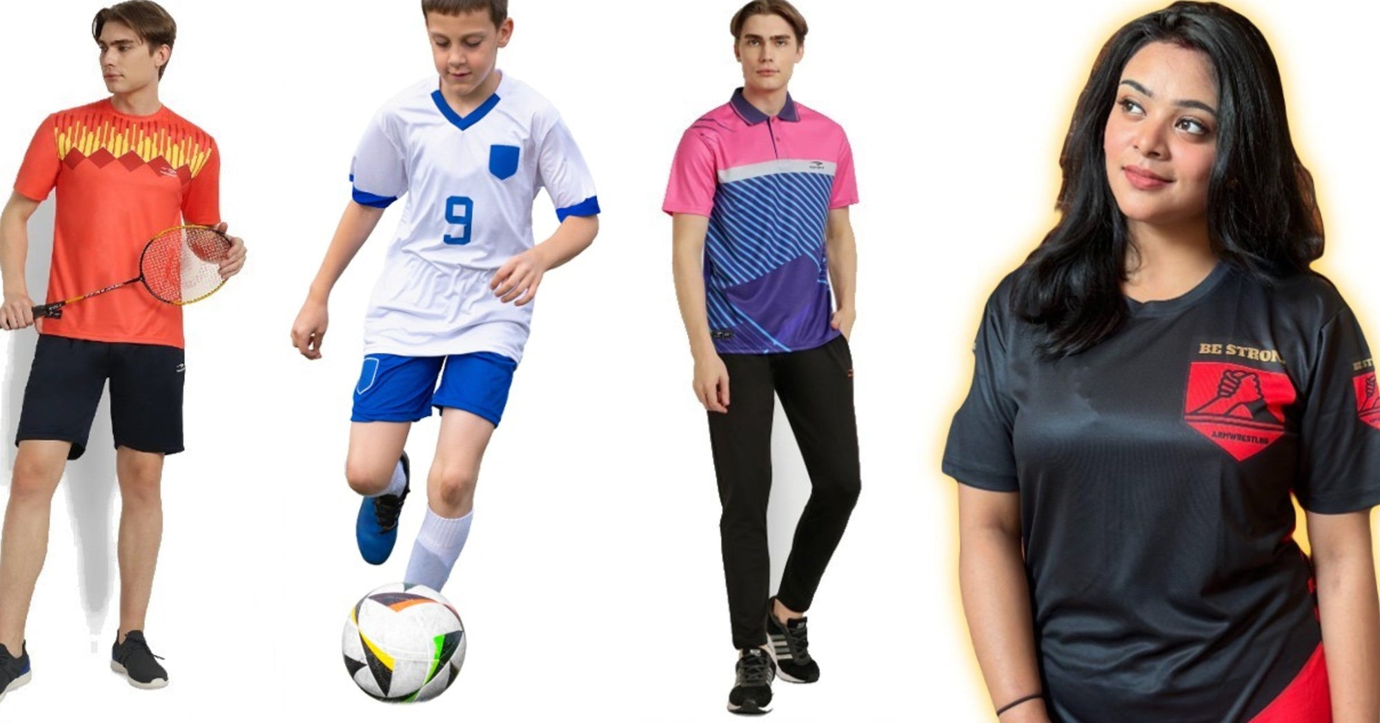 Four people wearing different sports-themed t-shirts with a focus on athletic attire.