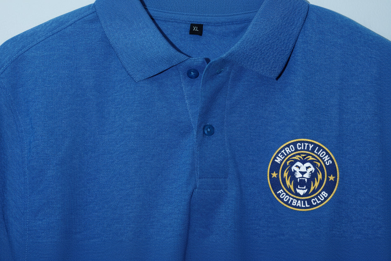 Close-up of a blue polo shirt with a brand logo on a light gray background