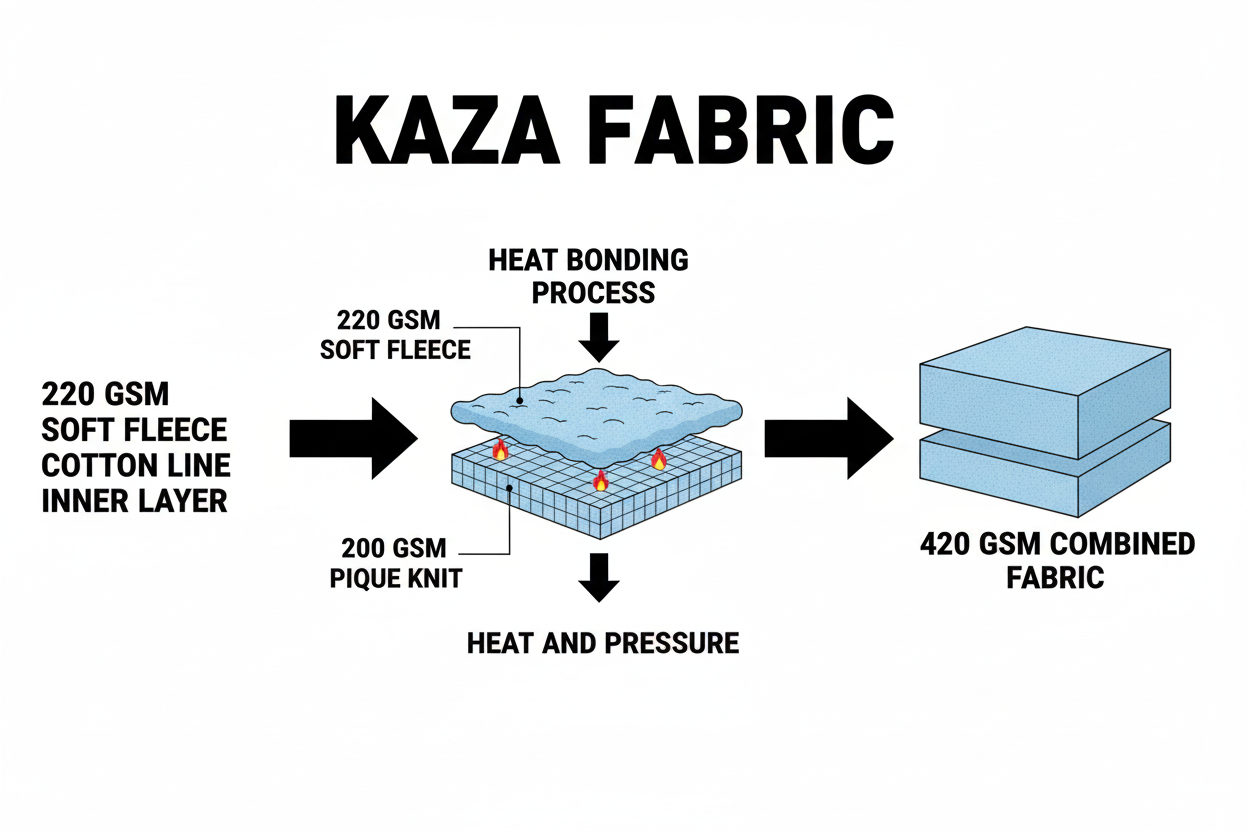 Creat a graphic to show off 200 gsm fleece fabric being heat bonded with 200 gsm pique knit fabric forming a thick 420 gsm fabric
