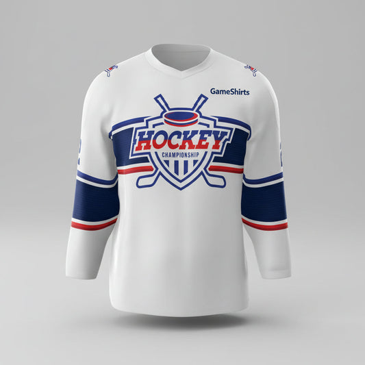 White hockey jersey with blue and red accents on a white background