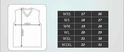 Size chart for Cisco Sports vests with measurements on a gray background