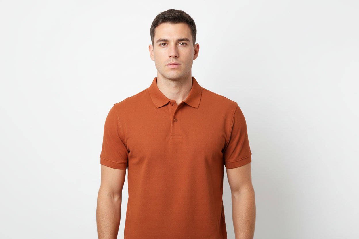 orange polo shirt on a hanger against a white background gameshirts