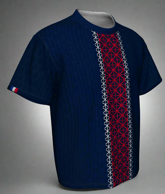 Navy blue t-shirt with red and white geometric pattern on a white background