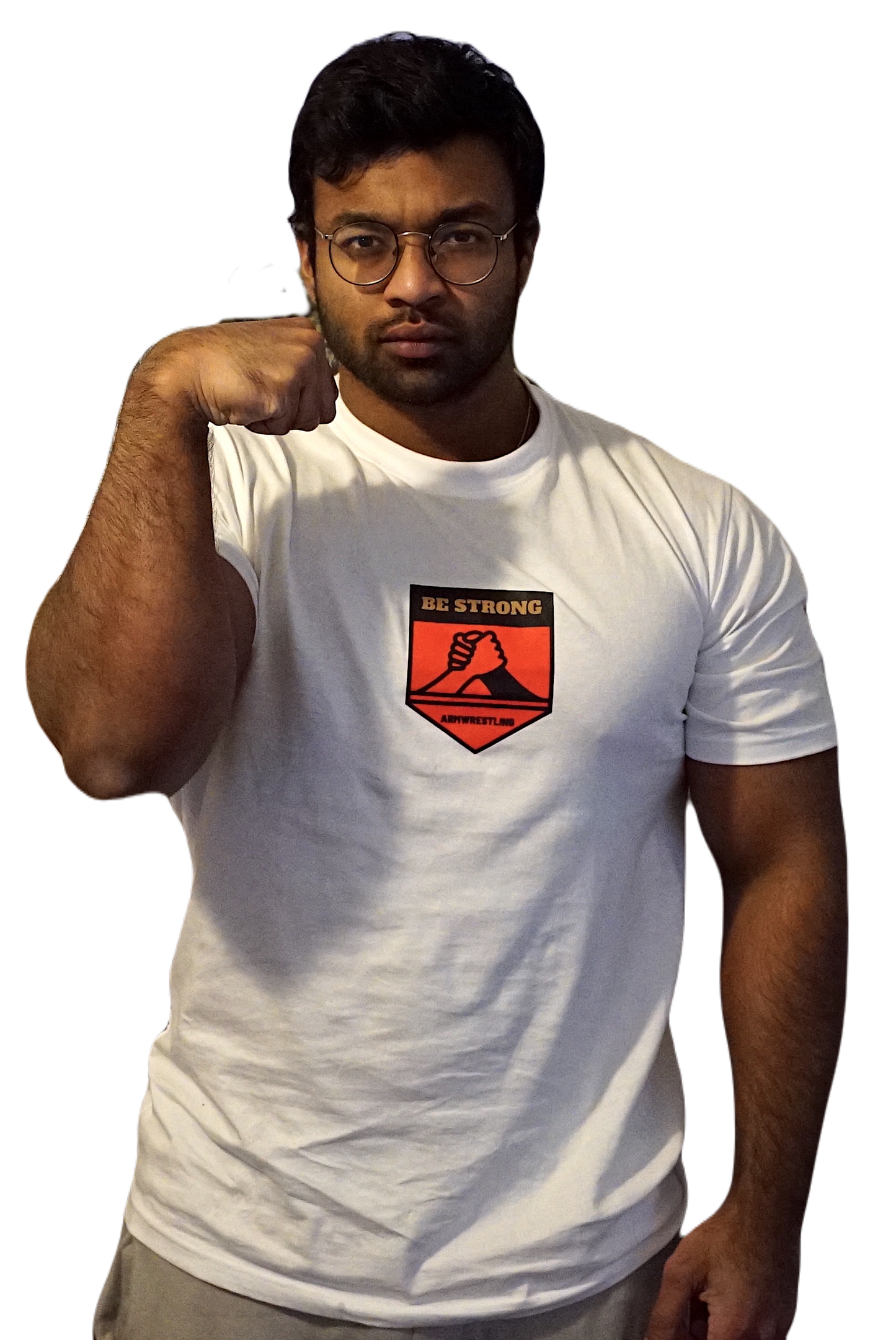 Man wearing a white t-shirt with a red and black logo on a white background