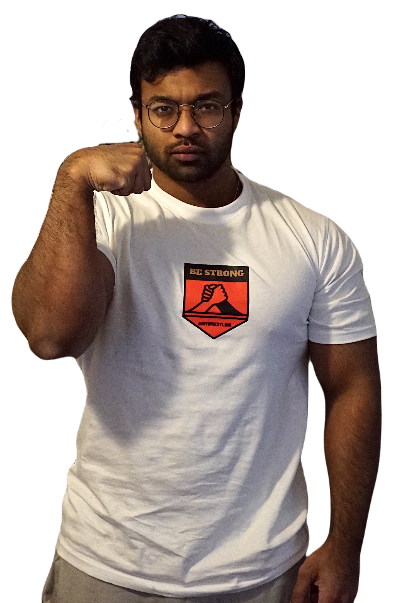 Man wearing a white t-shirt with a red and black logo on a white background